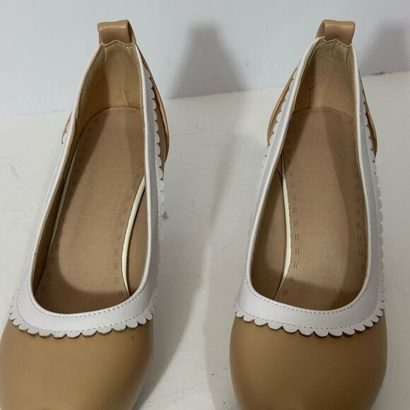 Women’s Block heels Round Toe Mary Jane Shoes Strapless Tan | Women Size 7.5/8 - Picture 8 of 9